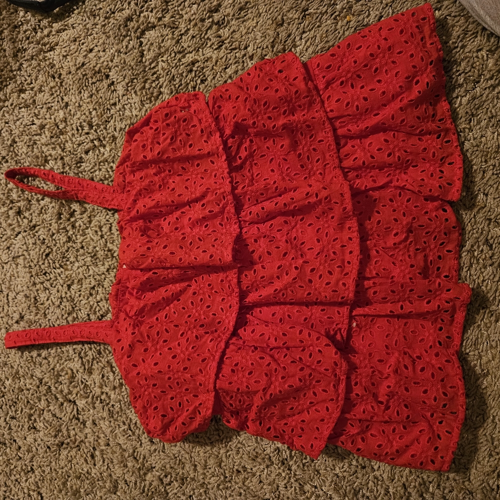 Little Girls Red Eyelet Ruffle Top